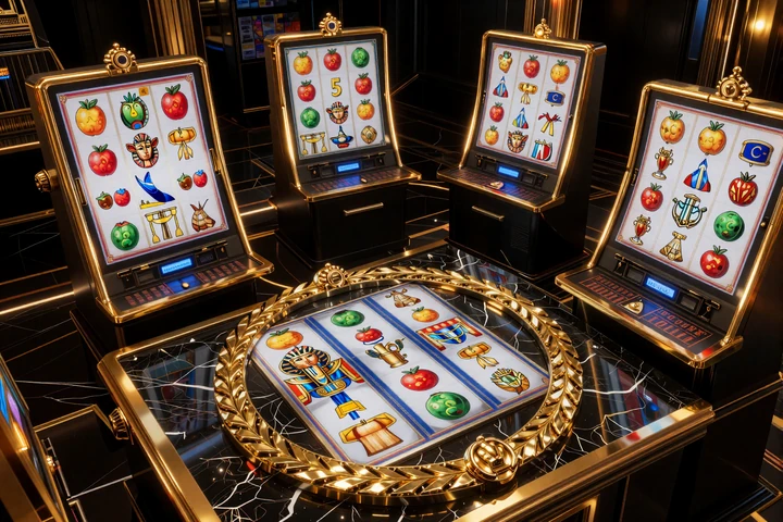 Schwebende Slot-Bildschirme über schwarzem Marmor - Legiano Casino Spielbibliothek