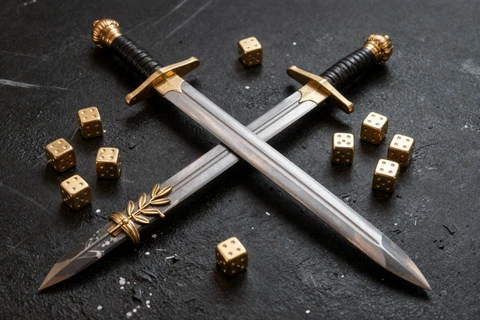 Gladiator-Schwert und goldene Würfel auf schwarzem Marmor - Legiano Casino Spiele